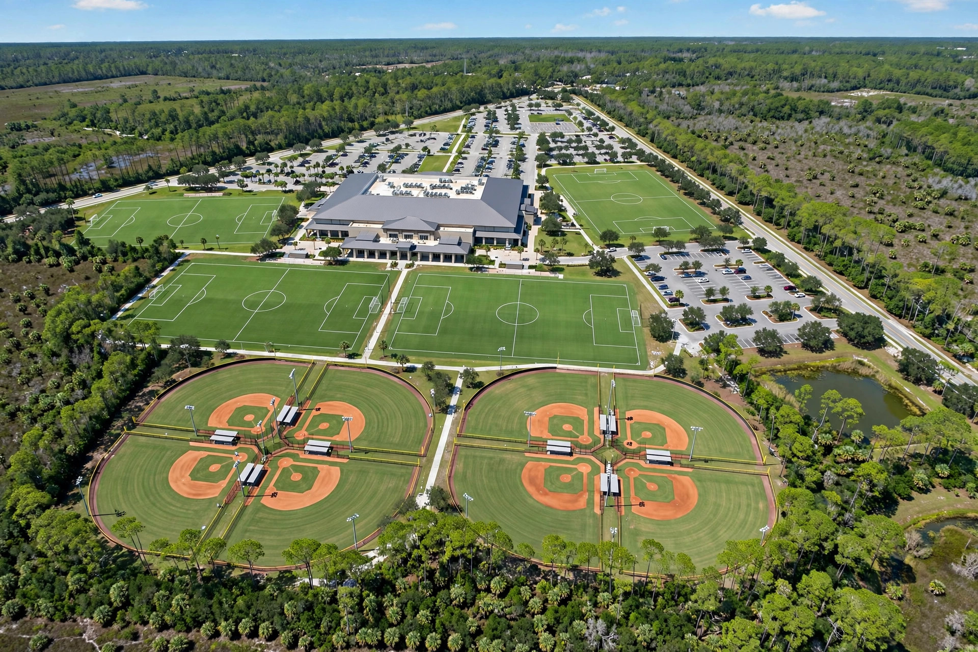 Aerial view of a youth sports complex with multiple fields in Florida