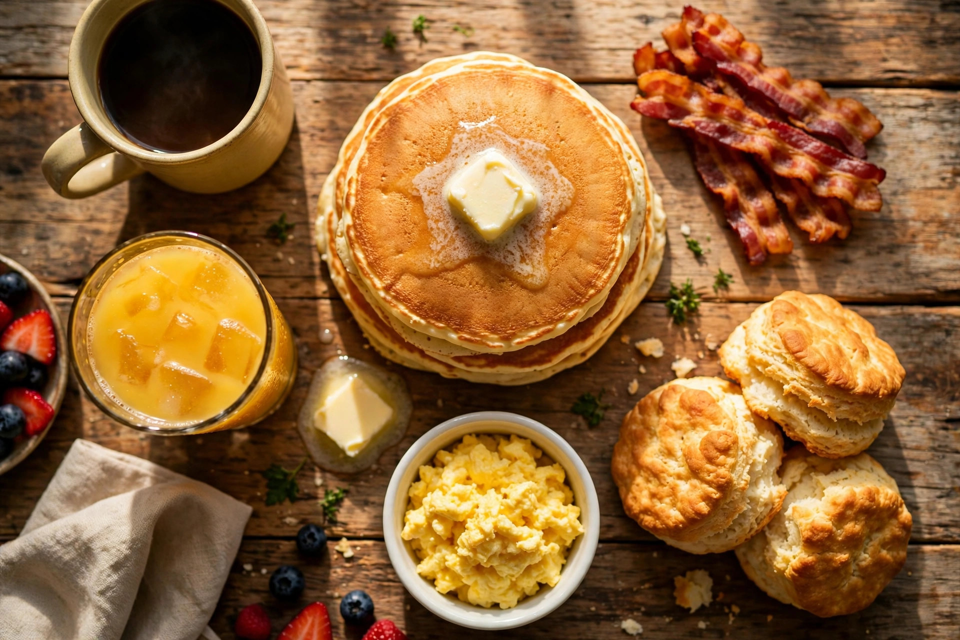 A diner table loaded with pancakes, bacon, biscuits, scrambled eggs, coffee and orange juice