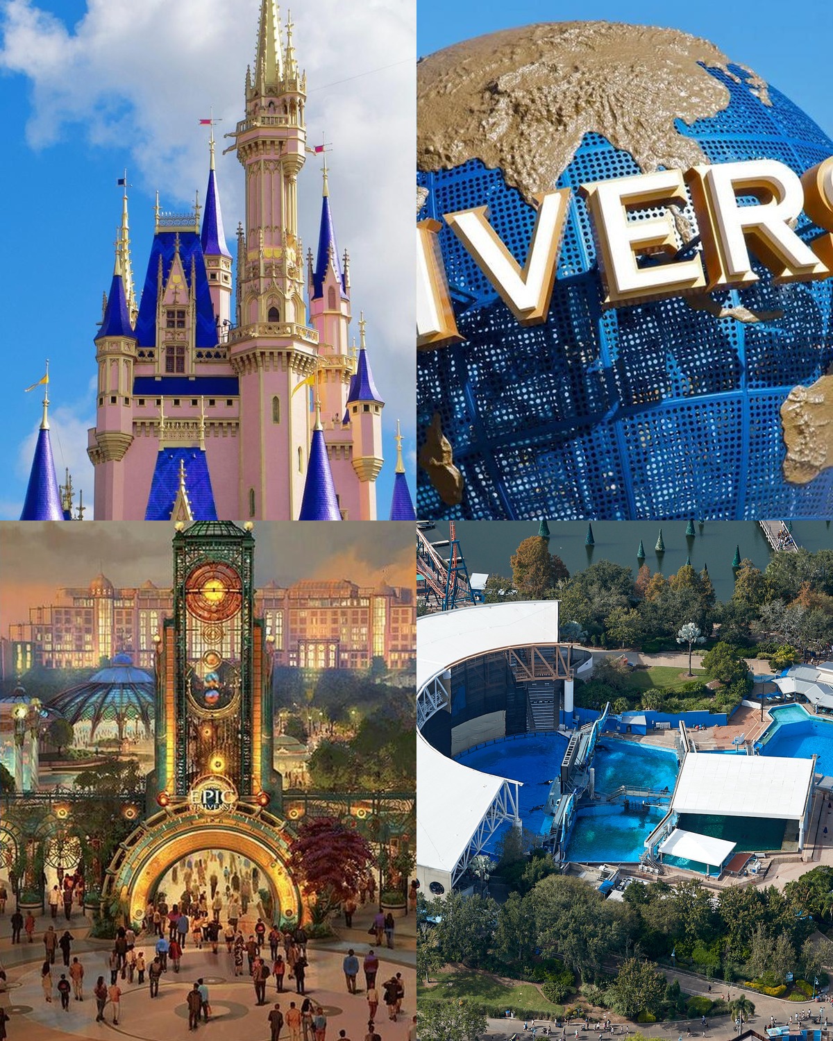 A collage of Orlando theme park landmarks: a fairy-tale castle, a spinning globe, a new park entrance tower at dusk, and an aerial view of a marine park